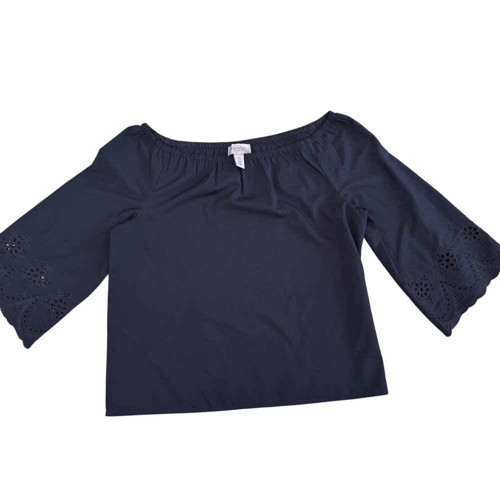 Chico's Easywear Black Eyelet Sleeve Off Shoulder Blouse Top Size 0 Small